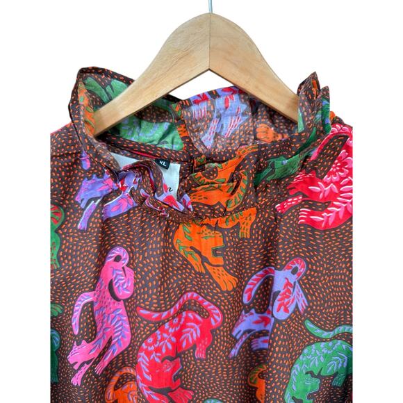 Fox & Hen Wild Cats Puff Short Sleeve High Ruffle Neck Feminine XL Blouse Top - Picture 4 of 10